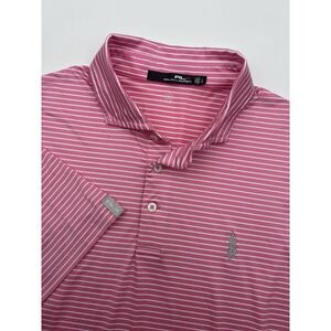 RLX Ralph Lauren Mens Size Large Short Sleeve Polo Shirt Striped Pink White Read
